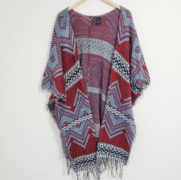 new directions Sweaters - Poncho Sweater Red Blue Chevron Fringe Size 1X